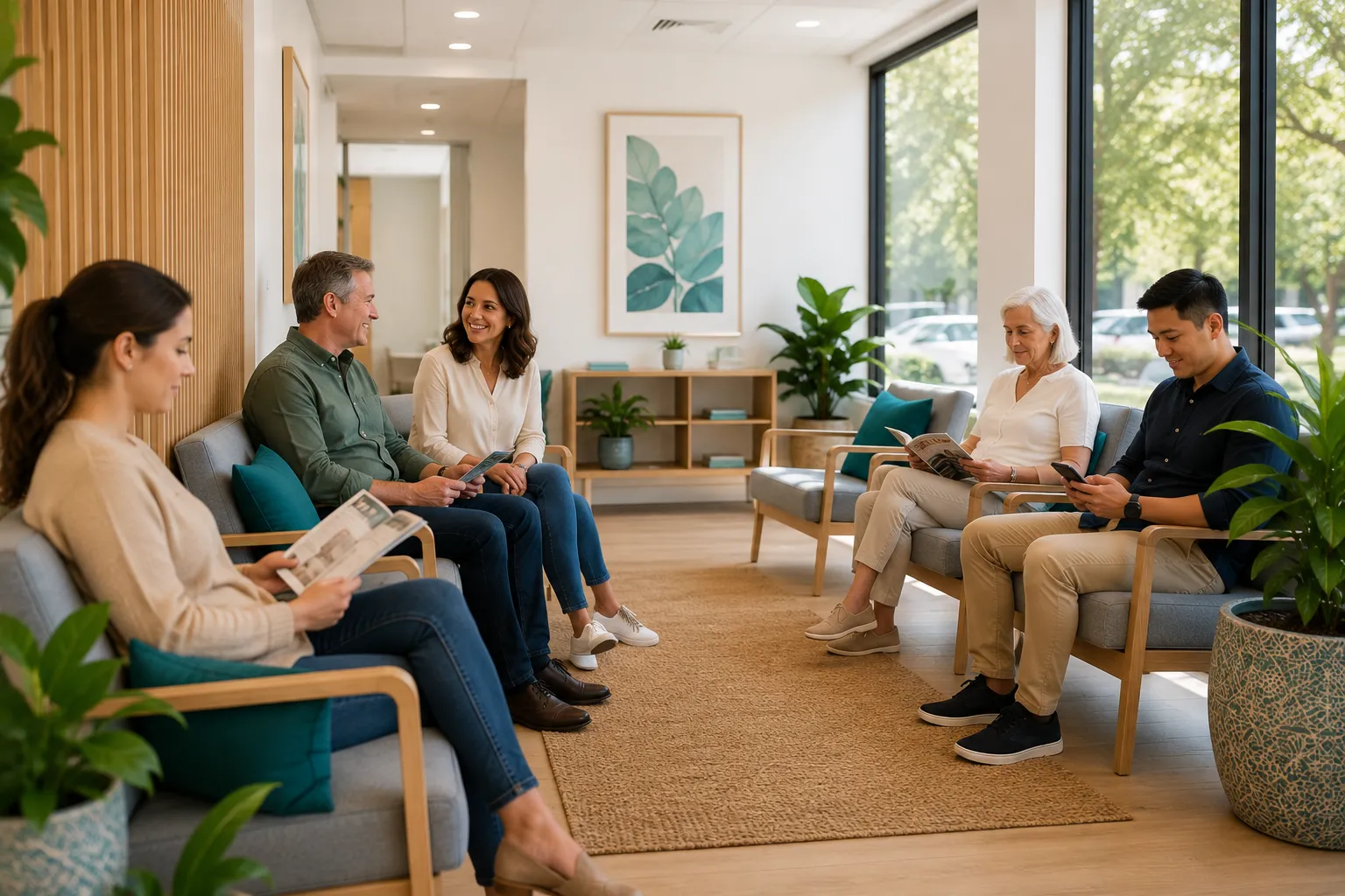 Patients relaxing in the comfortable waiting room at Wellbrook Medical Centre