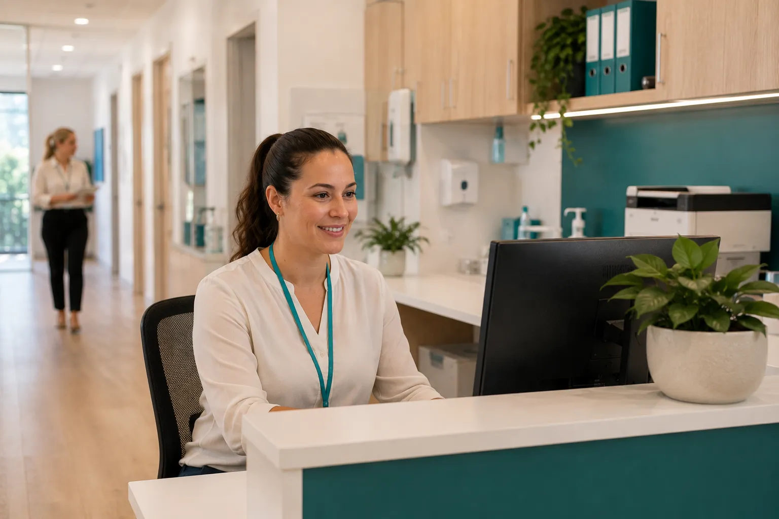 Friendly receptionist ready to help at Wellbrook Medical Centre